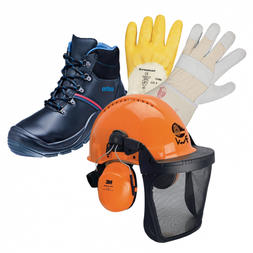 Arbeitsschuhe, Arbeitshandschuhe und ein Helm